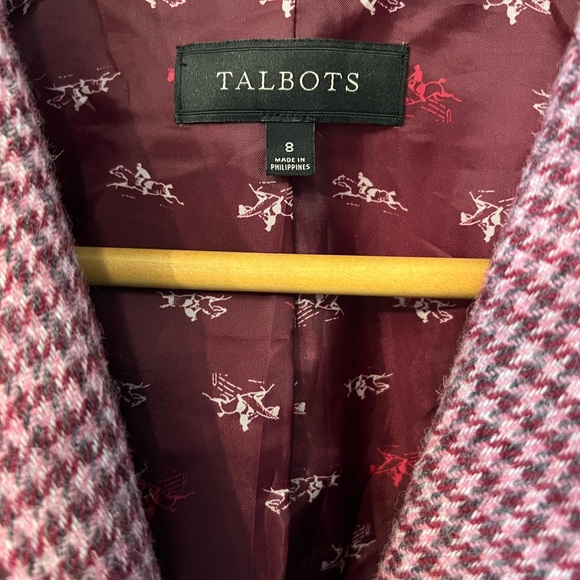Talbots Shetland Pink Burgundy Houndstooth Wool Blend Blazer Size 8 - Picture 5 of 10